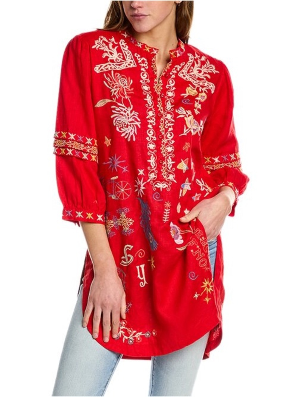 NWT Johnny Was Azusa Red Linen Embroidered Boho Tunic Blouse S
